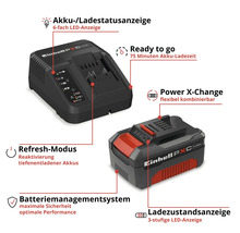 Einhell Power X-Change set met lader en 4,0 ampère-uur accu, LED-statusindicatie, refresh-modus en batterijbeheersysteem.