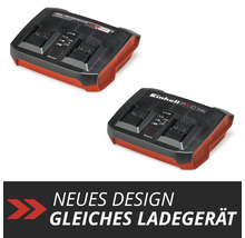 Einhell Power X-Change Twincharger 3 Ampère lader in twee ontwerpvarianten met de tekst nieuw ontwerp, dezelfde lader.