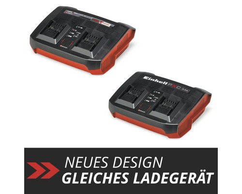 Einhell Power X-Change Twincharger 3 Ampère lader in twee ontwerpvarianten met de tekst nieuw ontwerp, dezelfde lader.