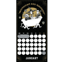 Wandkalender voor januari met The Nightmare Before Christmas thema, voorzien van Lock, Shock en Barrel in een badkuip.