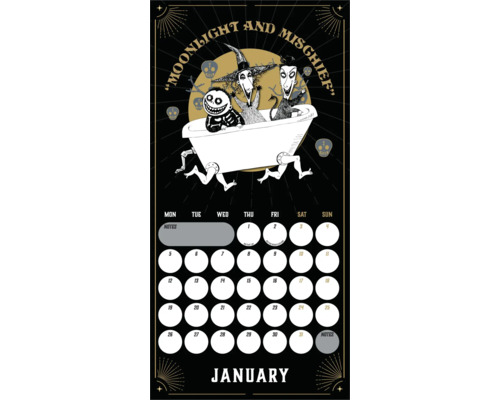 Wandkalender voor januari met The Nightmare Before Christmas thema, voorzien van Lock, Shock en Barrel in een badkuip.