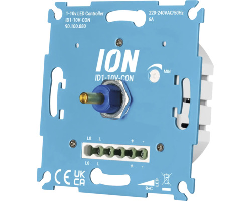 ION 1 tot 10 Volt LED controller draaidimmer voor inbouwmontage met aansluitklemmen en CE en UKCA markering.
