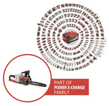 Einhell accu kettingzaag als onderdeel van de Power X-Change familie, afgebeeld met diverse compatibele accu gereedschappen en een accu.