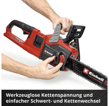 Einhell kettingzaag met gereedschapsloze kettingspanning en eenvoudige zwaard- en kettingwissel via een draaiknop.