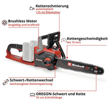 Einhell accu kettingzaag met borstelloze motor, automatische kettingsmering, gereedschapsloze kettingspanning en 33 centimeter Oregon-zwaard.