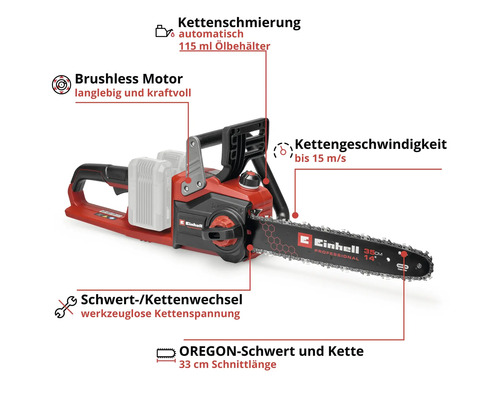 Einhell accu kettingzaag met borstelloze motor, automatische kettingsmering, gereedschapsloze kettingspanning en 33 centimeter Oregon-zwaard.