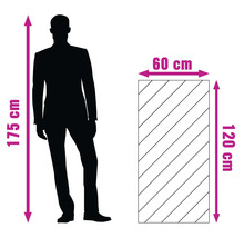 Schaalillustratie die een persoon van 175 centimeter lang vergelijkt met een rechthoekig object van 60 bij 120 centimeter.