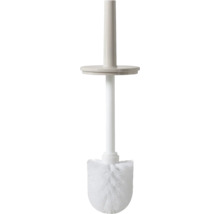 Toiletborstel met witte borstelkop en beige handgreep met geïntegreerd deksel.