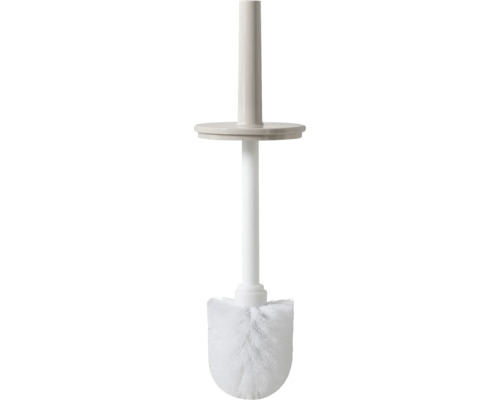 Toiletborstel met witte borstelkop en beige handgreep met geïntegreerd deksel.