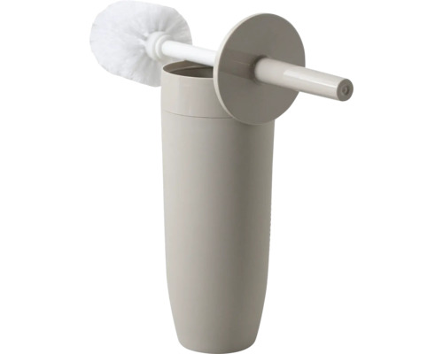 Beige wc-borstelset van kunststof bestaande uit een toiletborstel en een bijpassende borstelhouder.