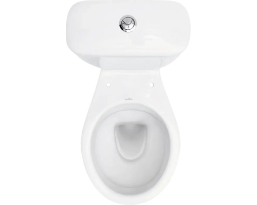 Bovenaanzicht van een wit staand toilet van keramiek met spoelreservoir en chromen bedieningsknop.