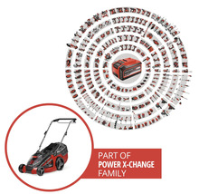 Einhell Power X-Change accu-systeem met een grasmaaier en een groot aantal compatibele gereedschappen en tuingereedschap.