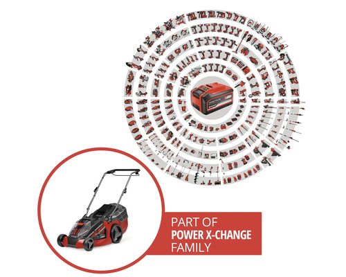 Einhell Power X-Change accu-systeem met een grasmaaier en een groot aantal compatibele gereedschappen en tuingereedschap.