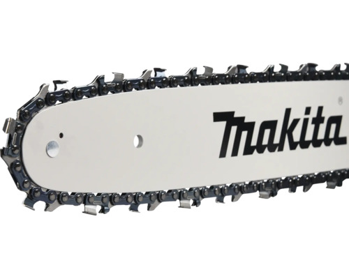 Een Makita kettingzaagzwaard met gemonteerde zaagketting in detail.