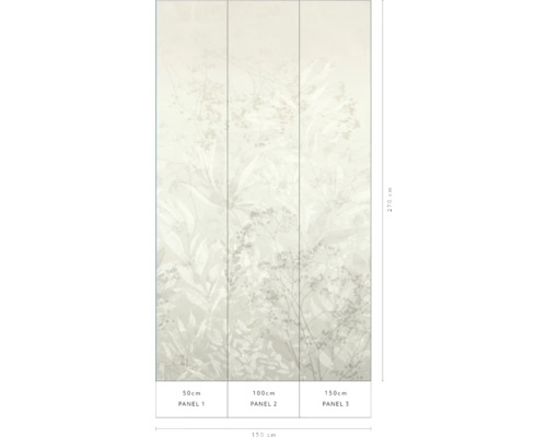 Fotobehang met subtiel plantenmotief bestaande uit drie panelen met een totale breedte van 150 centimeter en een hoogte van 270 centimeter.