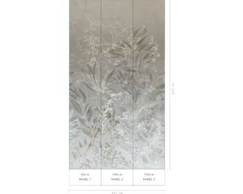 Wanddecoratie met floraal motief bestaande uit drie panelen met een totale breedte van 150 centimeter en een hoogte van 270 centimeter.
