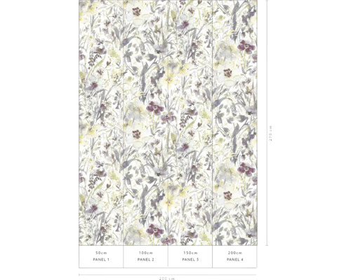 Fotobehang met bloemenweide motief, 200 centimeter breed en 270 centimeter hoog, bestaande uit vier banen van 50 centimeter breed.