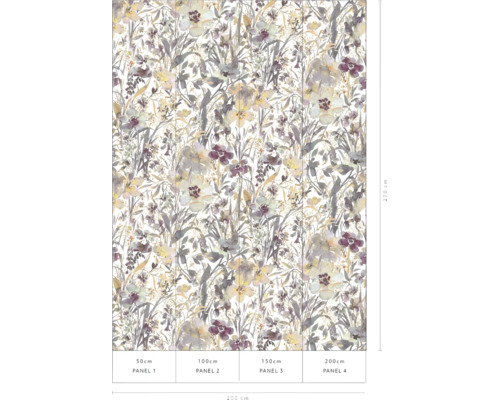 Fotobehang met bloemen aquarelpatroon op vier banen voor wanddecoratie, breedte 200 centimeter, hoogte 270 centimeter