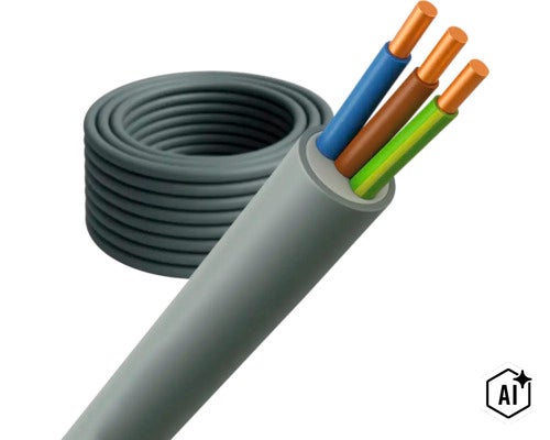 Een elektrische installatiekabel opgerold als ring met een gestripte sectie die drie koperen aders toont (Image AI modified or generated)