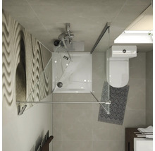 Bovenaanzicht van een moderne badkamer met een vierkante glazen douchecabine, douchebak, wandmengkraan, toilet en tegelvloer.