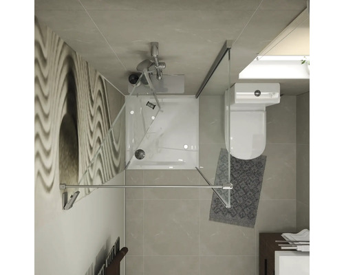 Bovenaanzicht van een moderne badkamer met een vierkante glazen douchecabine, douchebak, wandmengkraan, toilet en tegelvloer.