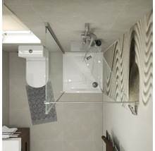 Bovenaanzicht van een moderne badkamer met vierkante glazen douchecabine, hangend toilet en wastafel op een betegelde vloer.