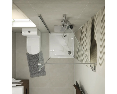 Bovenaanzicht van een moderne badkamer met vierkante glazen douchecabine, hangend toilet en wastafel op een betegelde vloer.