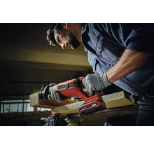 Vakman met veiligheidsbril gebruikt een Einhell accu reciprozaag om een houten plank door te zagen in de werkplaats.