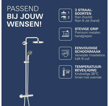 Douchesysteem met thermostaatkraan, drie straalsoorten, metalen handgrepen, eenvoudige reiniging en kindveilige temperatuurbegrenzing op 38 graden.