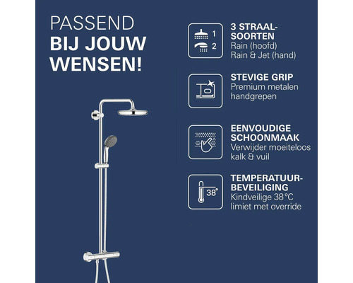 Douchesysteem met thermostaatkraan, drie straalsoorten, metalen handgrepen, eenvoudige reiniging en kindveilige temperatuurbegrenzing op 38 graden.