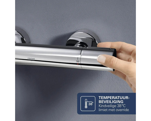 Grohe thermostatische douchekraan met kindveilige 38 graden Celsius temperatuurbegrenzing en override functie.