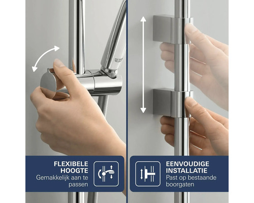 Grohe douchestang met flexibele hoogteverstelling en variabele wandsteunen voor eenvoudige montage op bestaande boorgaten.