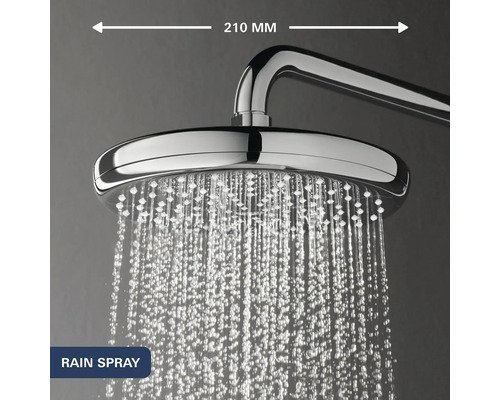 Ronde hoofddouche met een diameter van 210 millimeter en regensproeistand voor in de douche.