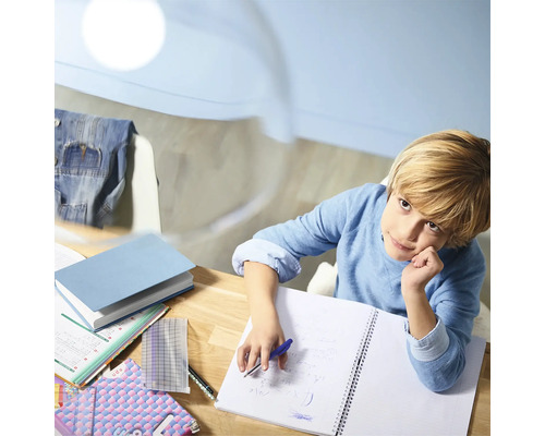 Een jongen studeert aan een houten bureau met schoolboeken en schrijfwaren.