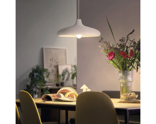 Moderne hanglamp boven een eettafel met een boeket bloemen en decoratie op de achtergrond in een lichte woonkamer.