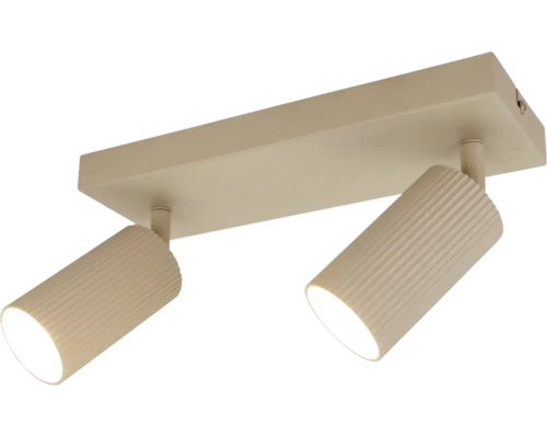 Tweevoudige plafondspot met geribbelde, verstelbare lampkoppen voor gerichte verlichting.