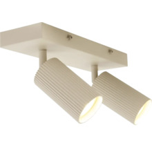 Plafondspot met twee lampen en geribbelde koppen voor directe verlichting.