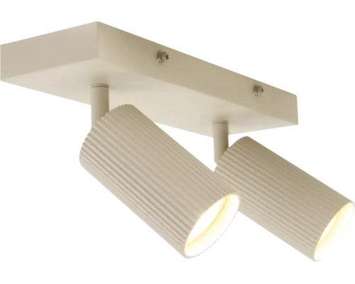 Plafondspot met twee lampen en geribbelde koppen voor directe verlichting.
