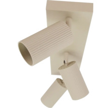 Plafondspot met drie verstelbare, geribbelde cilindrische lampen voor gerichte verlichting in binnenruimtes.