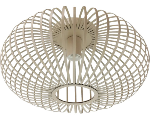 Moderne plafondlamp met een ronde lampenkap gemaakt van metalen stijlen in een roosterontwerp.