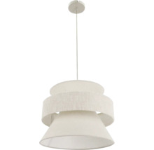 Moderne hanglamp met een meerlaagse ronde stoffen kap en ronde plafondbevestiging voor een sfeervolle verlichting.