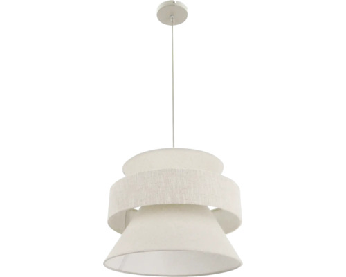 Moderne hanglamp met een meerlaagse ronde stoffen kap en ronde plafondbevestiging voor een sfeervolle verlichting.