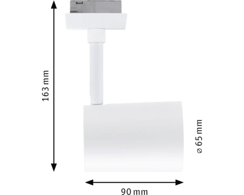 LED railspot voor railsystemen met afmetingen 163 millimeter hoogte en 90 millimeter lengte met een diameter van 65 millimeter