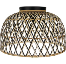 Halfronde plafondlamp gemaakt van gevlochten bamboe met een gestructureerd roosterpatroon.