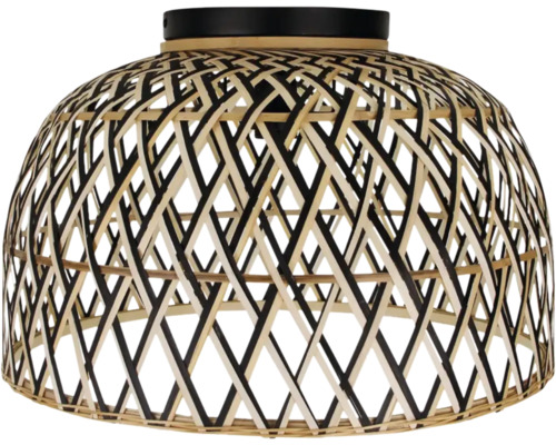 Halfronde plafondlamp gemaakt van gevlochten bamboe met een gestructureerd roosterpatroon.