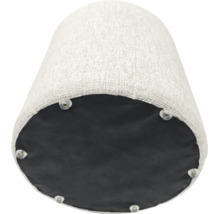 Onderkant van een ronde hocker met een gestructureerde stoffen bekleding en kunststof vloerglijders.