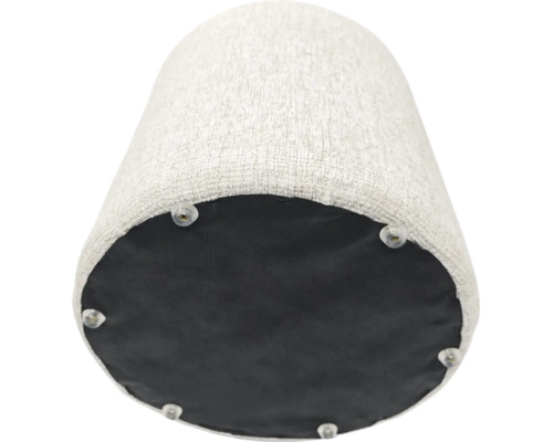 Onderkant van een ronde hocker met een gestructureerde stoffen bekleding en kunststof vloerglijders.