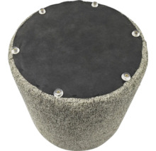 Onderkant van een ronde hocker met gestructureerde stoffen bekleding en gemonteerde kunststof glijders.