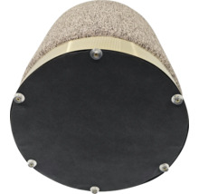 Onderkant van een ronde hocker met gestructureerde stoffen bekleding, metalen ring en zes transparante kunststof glijders.