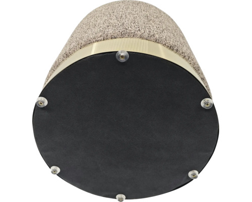 Onderkant van een ronde hocker met gestructureerde stoffen bekleding, metalen ring en zes transparante kunststof glijders.